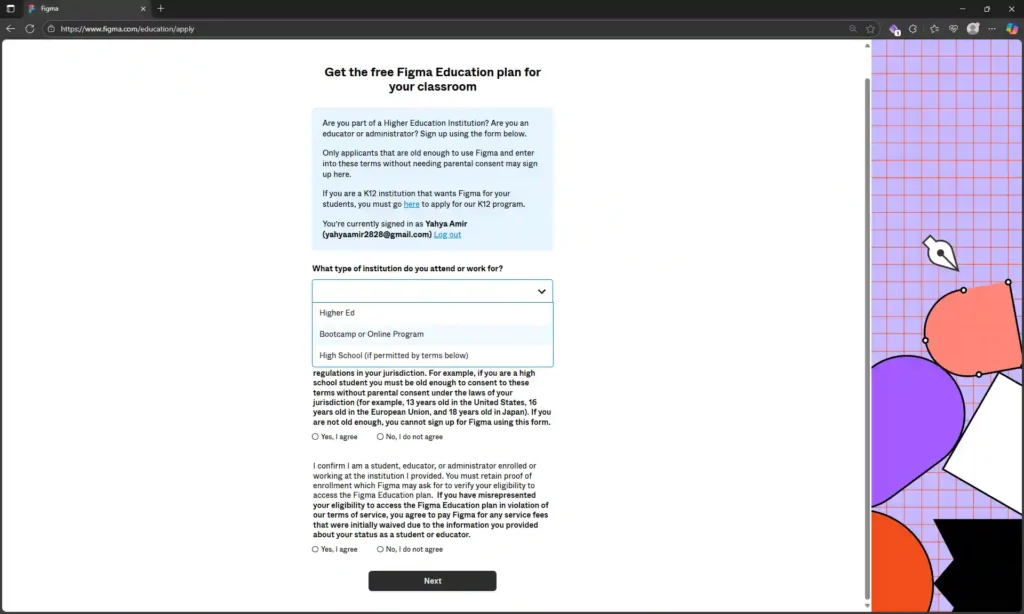 Signing up for a free Figma Education account
